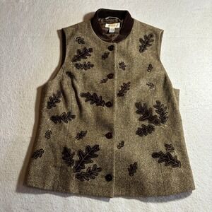 Talbots Womens Vest Tan Brown Herringbone Oak Leaf Applique Button Front Size S‎